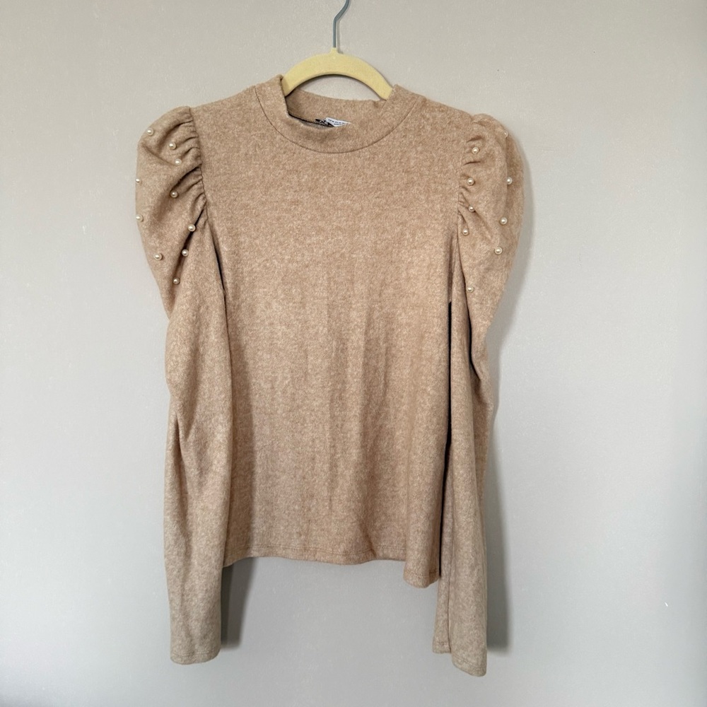 NWOT Elegant Tan Women's Soft Knit Sweater Top with Pearl Embellishment size S